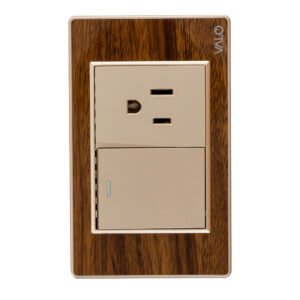 PLACA CON 1 INTERRUPTOR DE ESCALERA Y 1 CONTACTO DE 1.5 MODULOS COLOR MADERA