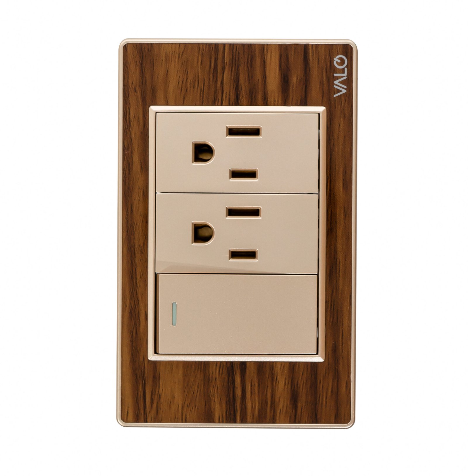 PLACA CON 1 INTERRUPTOR DE ESCALERA Y 2 CONTACTOS DE 1 MODULO COLOR MADERA