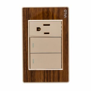 PLACA CON 2 INTERRUPTORES DE ESCALERA Y 1 CONTACTO DE 1 MODULO COLOR MADERA