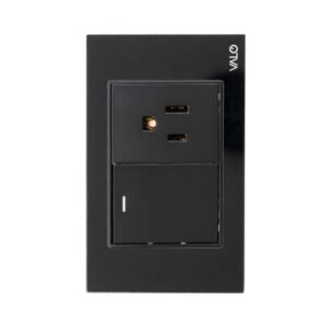 PLACA CON 1 INTERRUPTOR DE ESCALERA Y 1 CONTACTO DE 1.5 MODULOS COLOR NEGRO