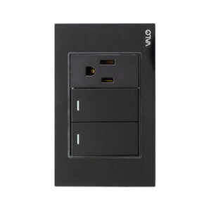 PLACA CON 2 INTERRUPTORES DE ESCALERA Y 1 CONTACTO DE 1 MODULO COLOR NEGRO