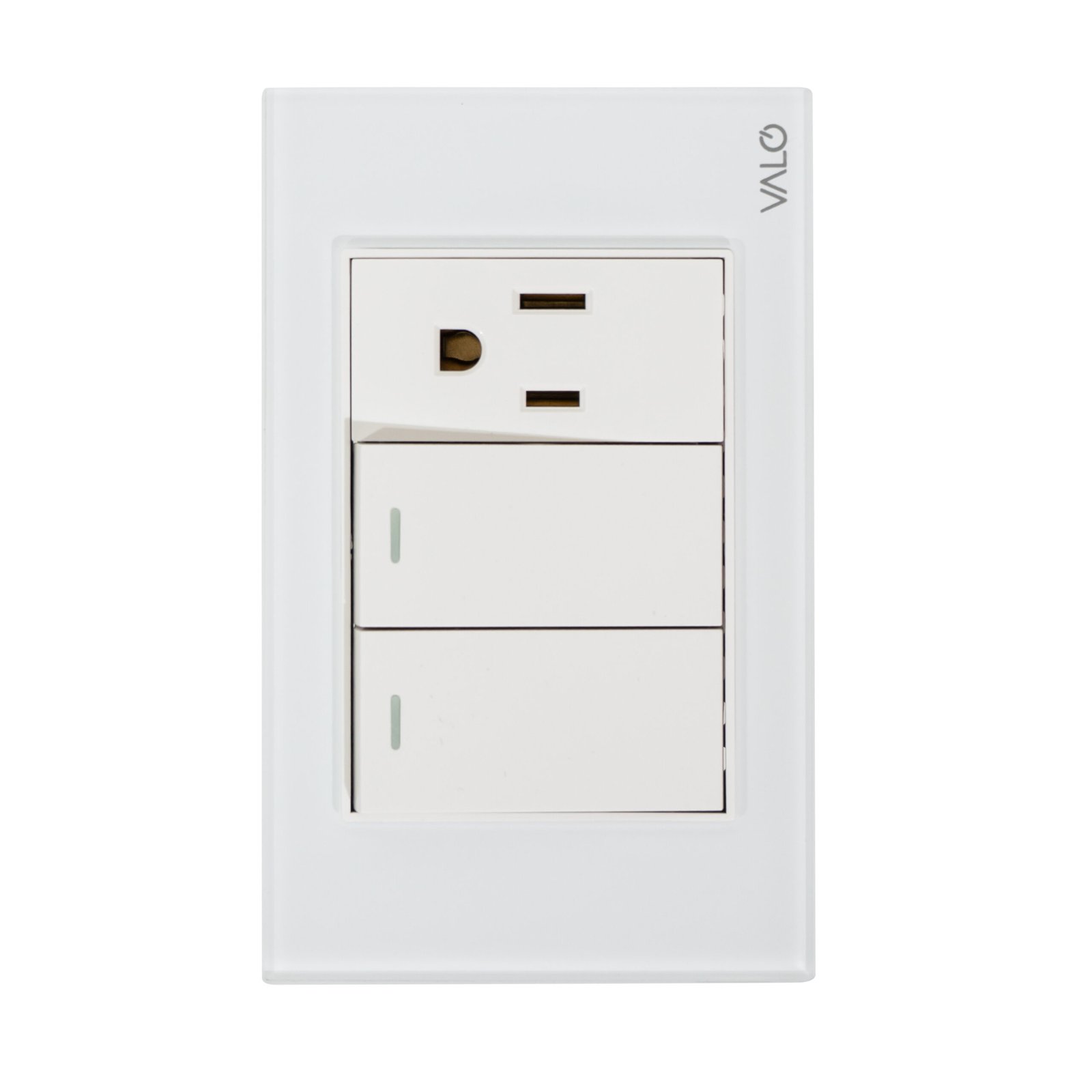 PLACA CON 2 INTERRUPTORES DE ESCALERA Y 1 CONTACTO DE 1 MODULO  COLOR BLANCO