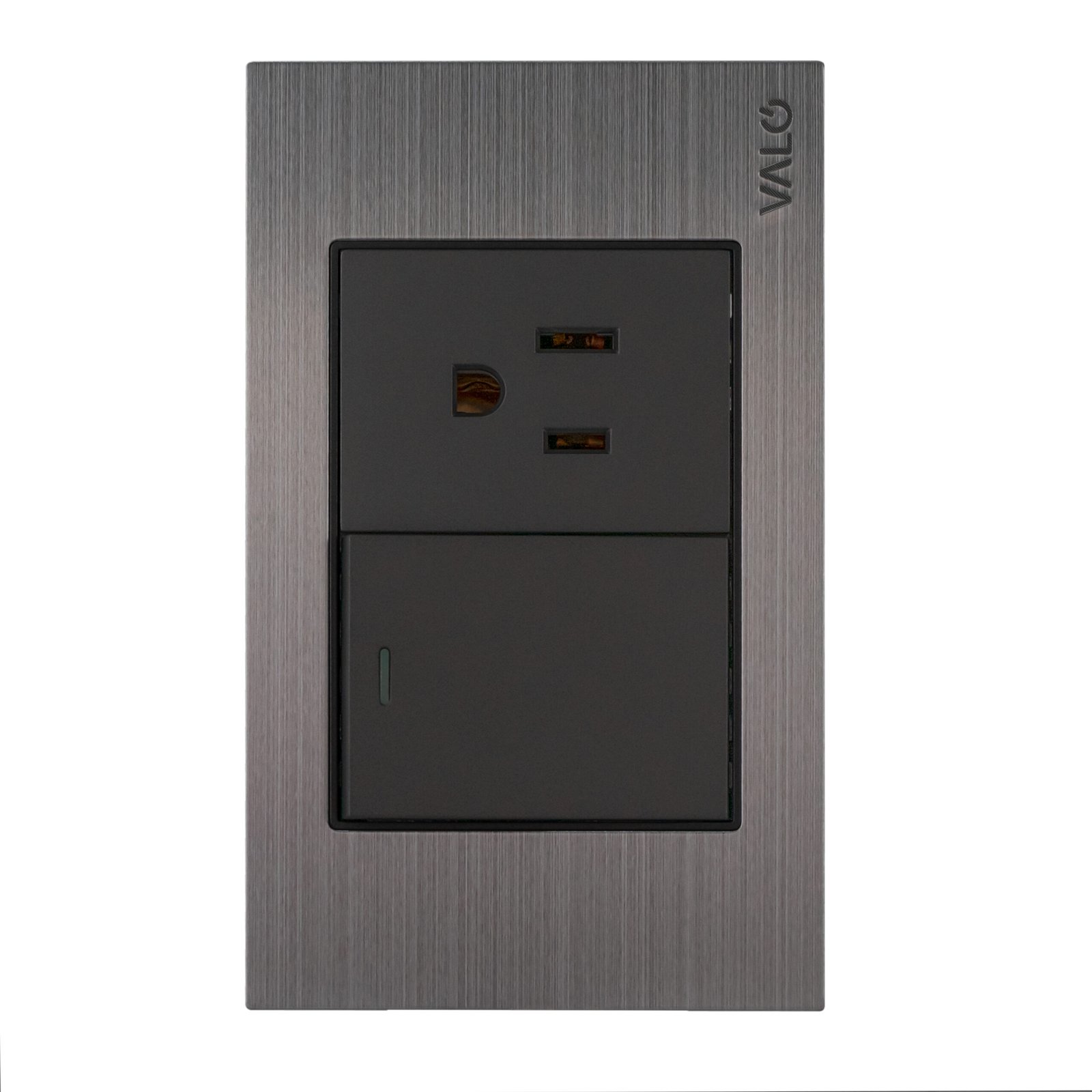 PLACA CON 1 INTERRUPTOR DE ESCALERA Y 1 CONTACTO DE 1.5 MODULO COLOR GRIS