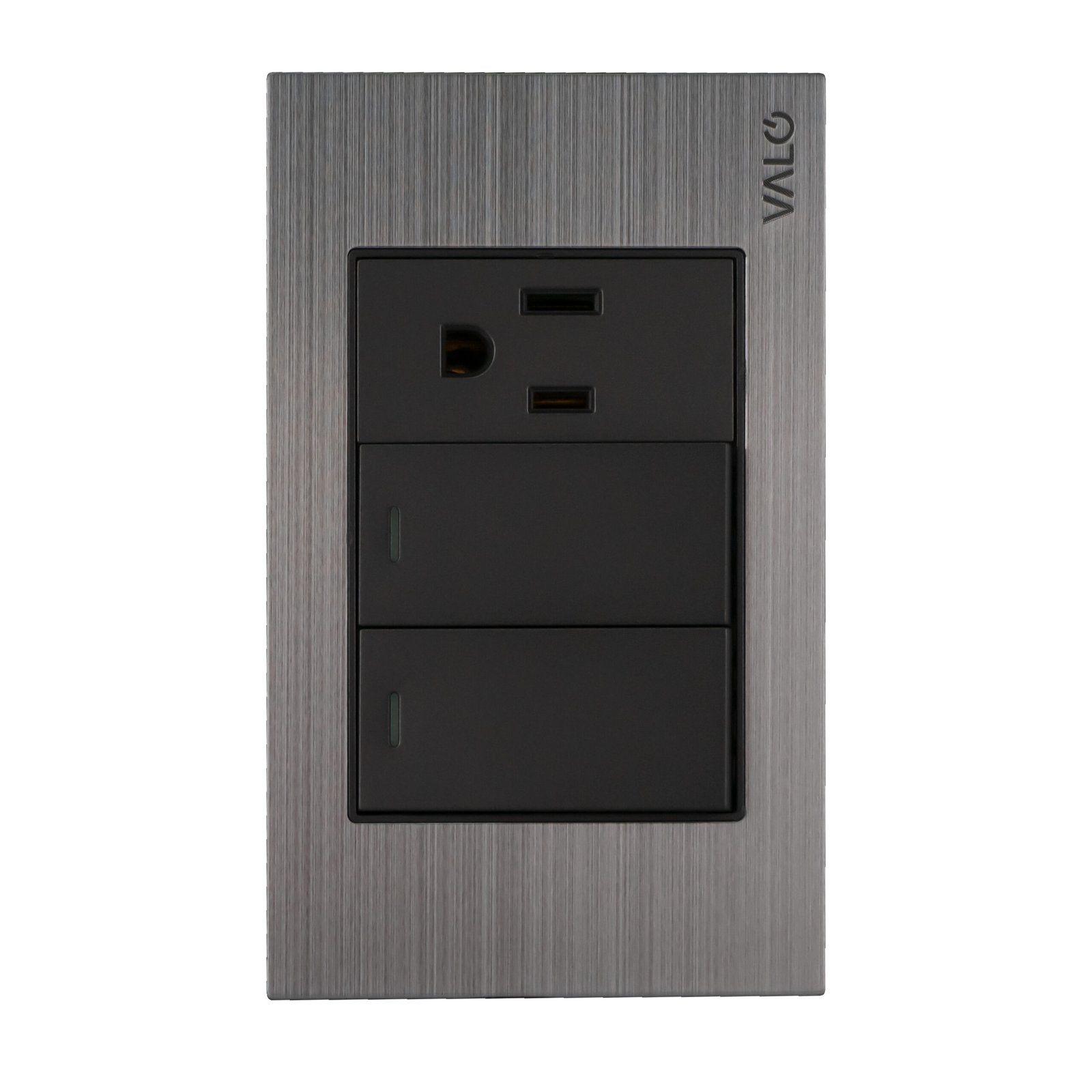 PLACA CON 2 INTERRUPTORES DE ESCALERA Y 1 CONTACTO DE 1 MODULO COLOR GRIS