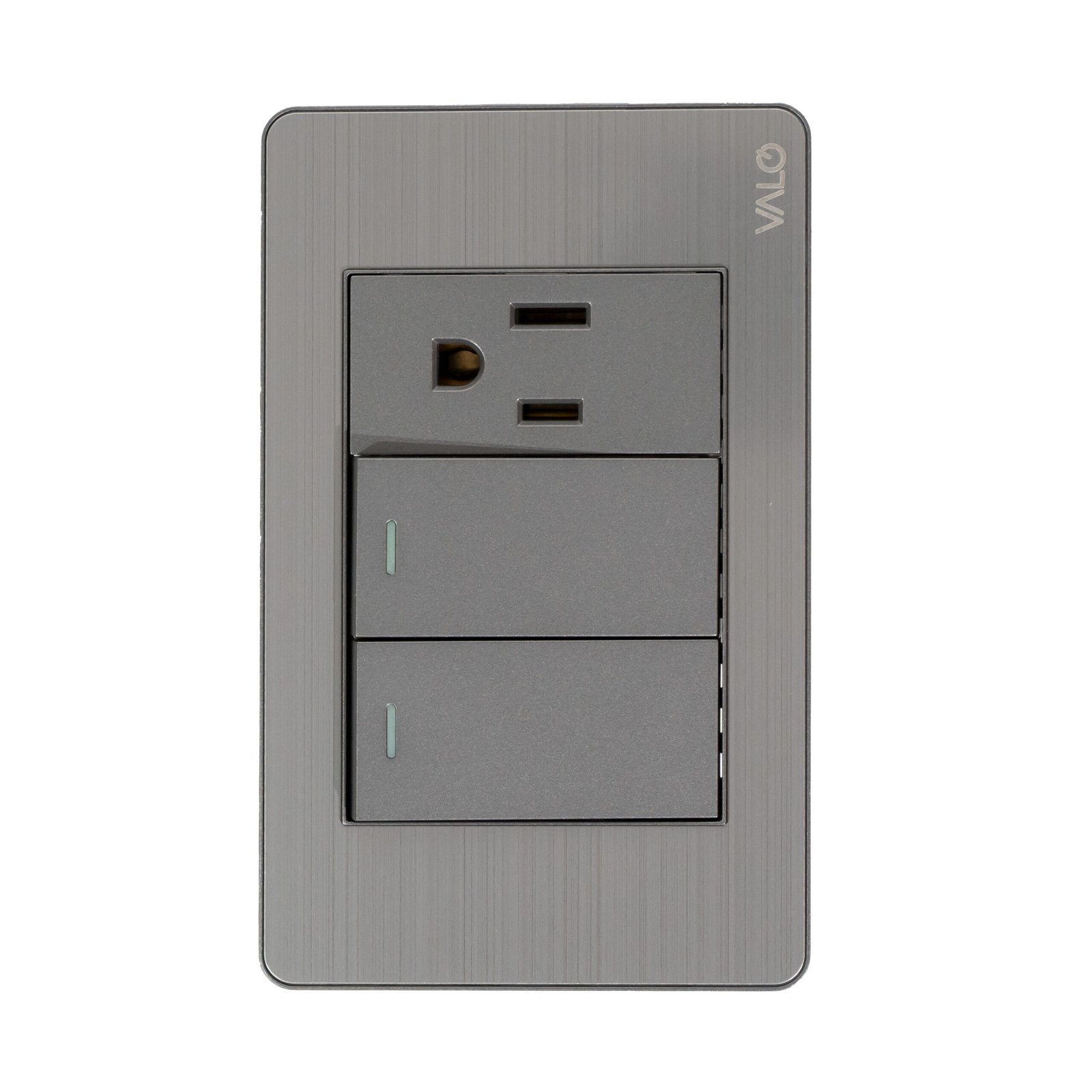 PLACA CON 2 INTERRUPTORES DE ESCALERA Y 1 CONTACTO DE 1 MODULO COLOR GRIS